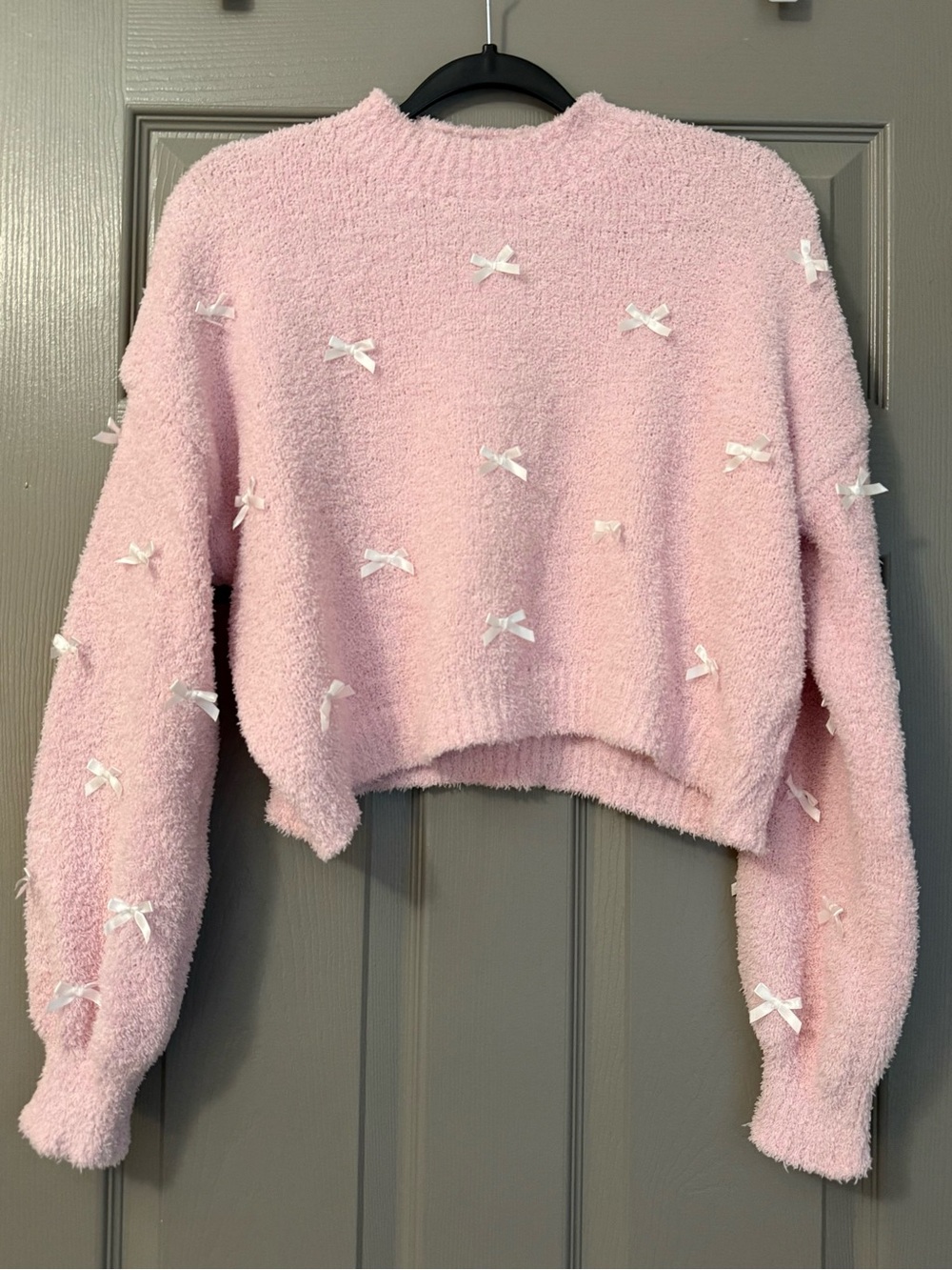 Altar'd State Baby Pink Fuzzy Bow Cropped Sweater Coquette XS